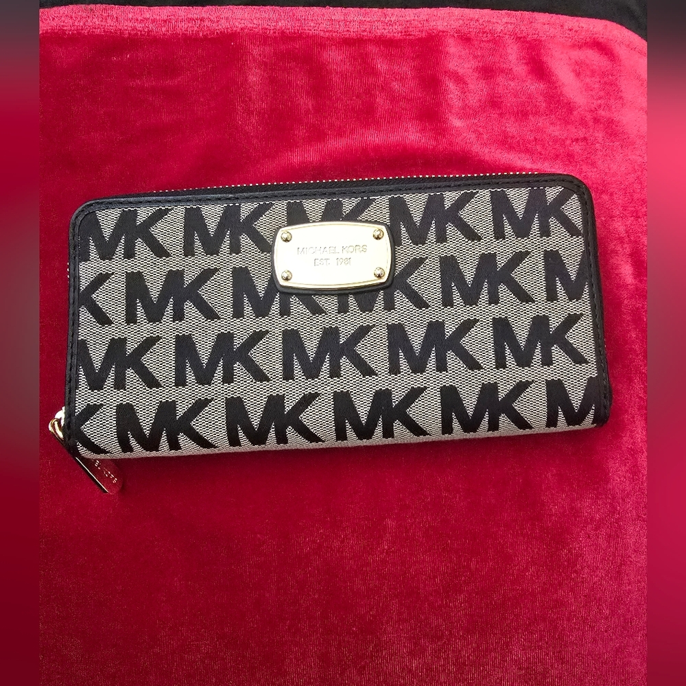 Michael Kors Black and Tan Wallet, Monogram Zip Around Continental Wallet.